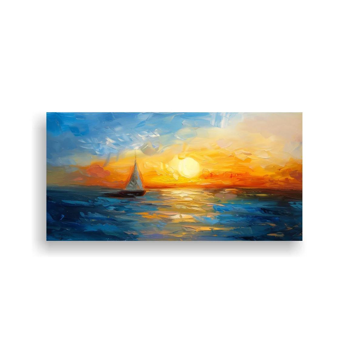 Cuadro velero al atardecer con horizonte dorado