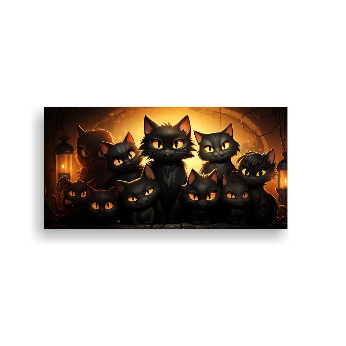 Cuadro grupo de gatos negros con telarañas y murciélagos