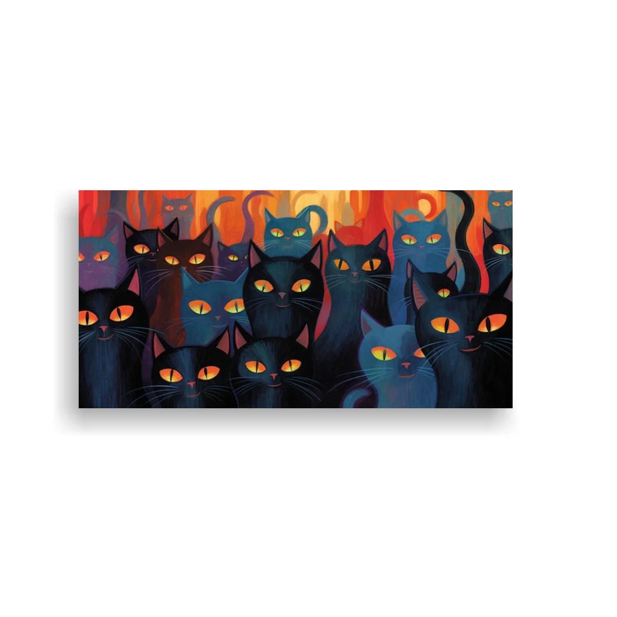 Cuadro gatos negros apiñados con fondo cálido rojizo — imagen principal