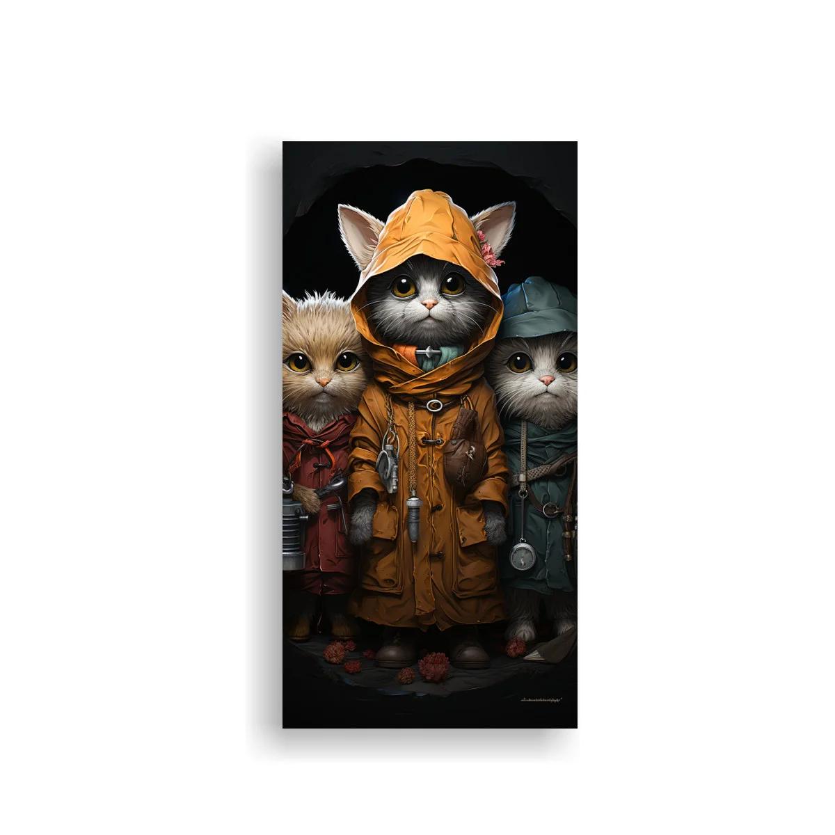 Cuadro tres gatitos con impermeables y linternas