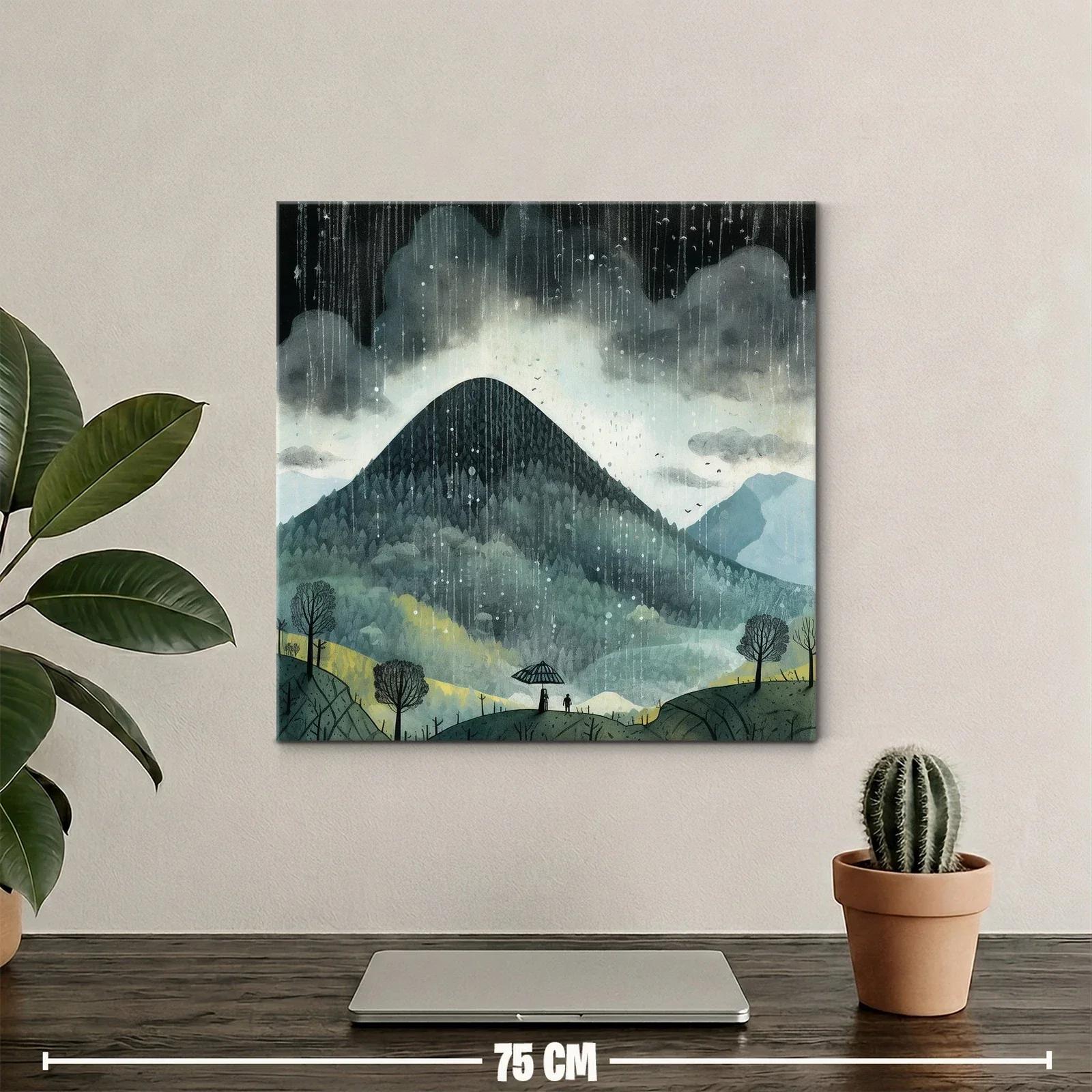 Paisaje de montaña bajo lluvia con siluetas y paraguas — miniatura 2