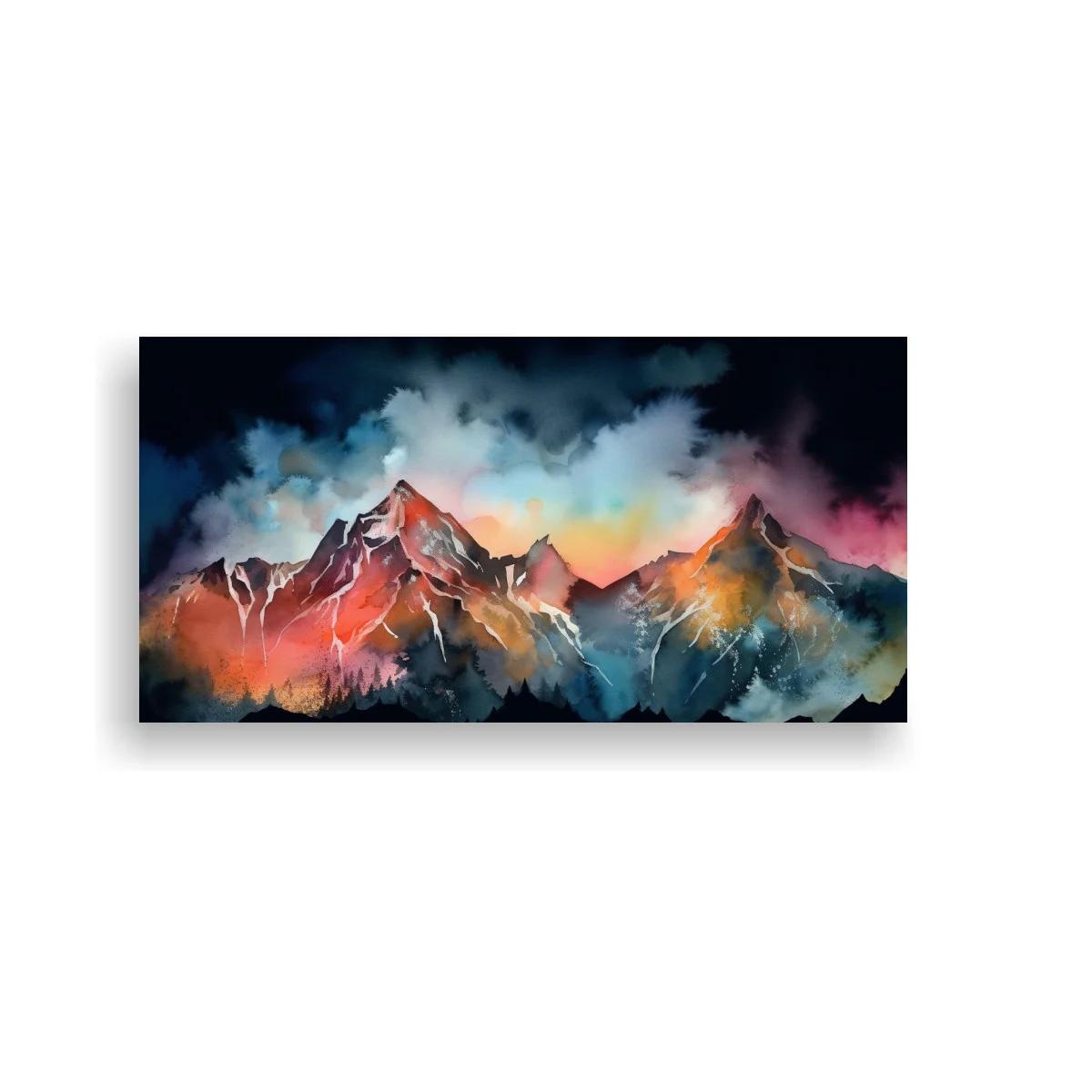Cuadro cordillera de montañas con picos nevados y cielo nebuloso