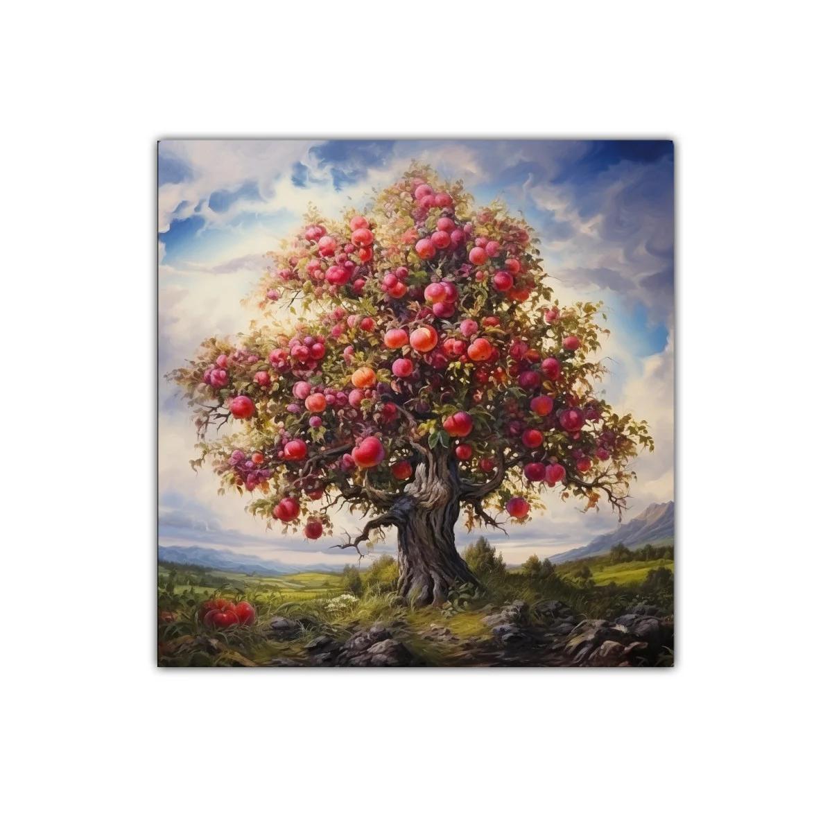 Árbol cargado de frutas en paisaje sereno y luminoso