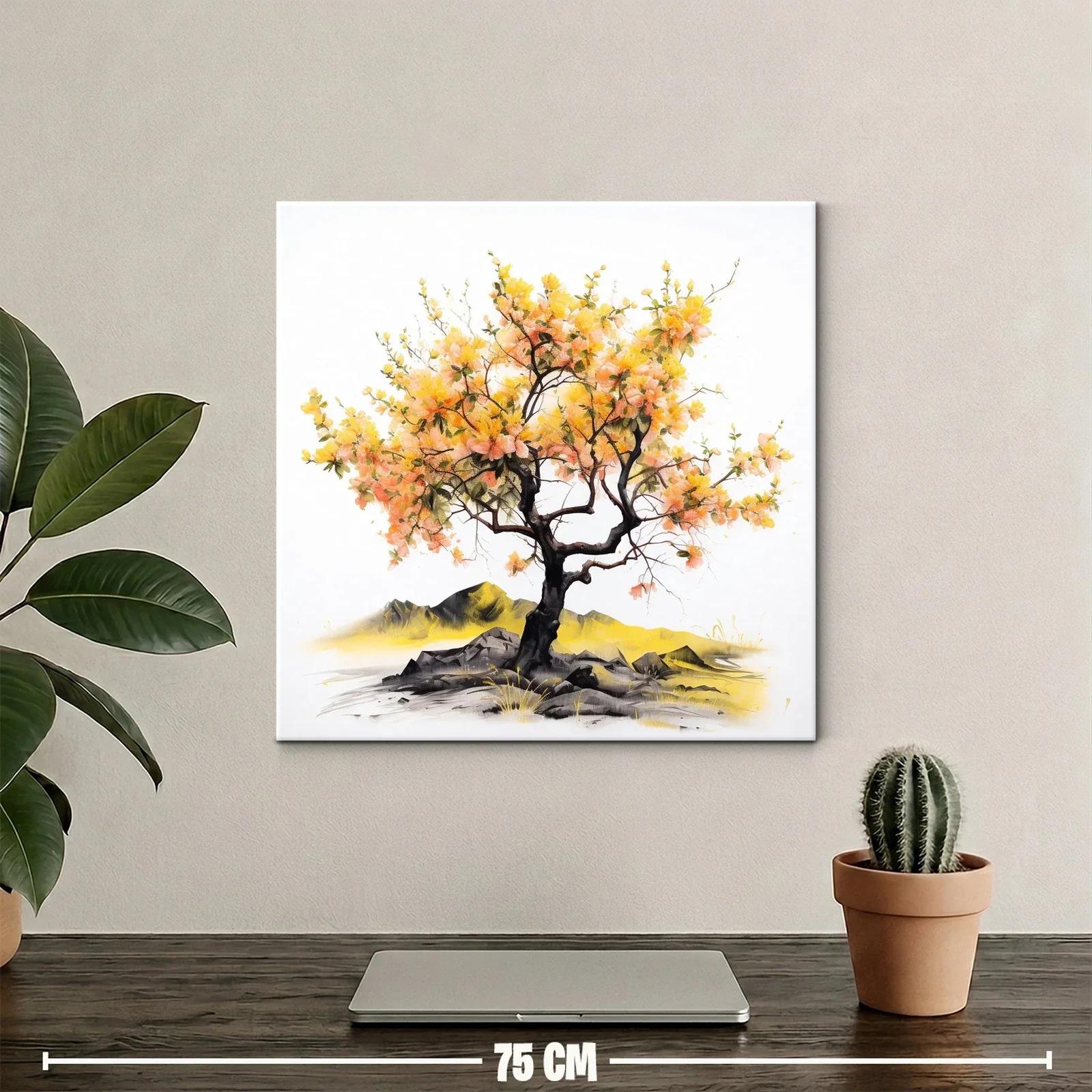 Arbol con flores amarillas y naranjas sobre rocas y paisaje — miniatura 2