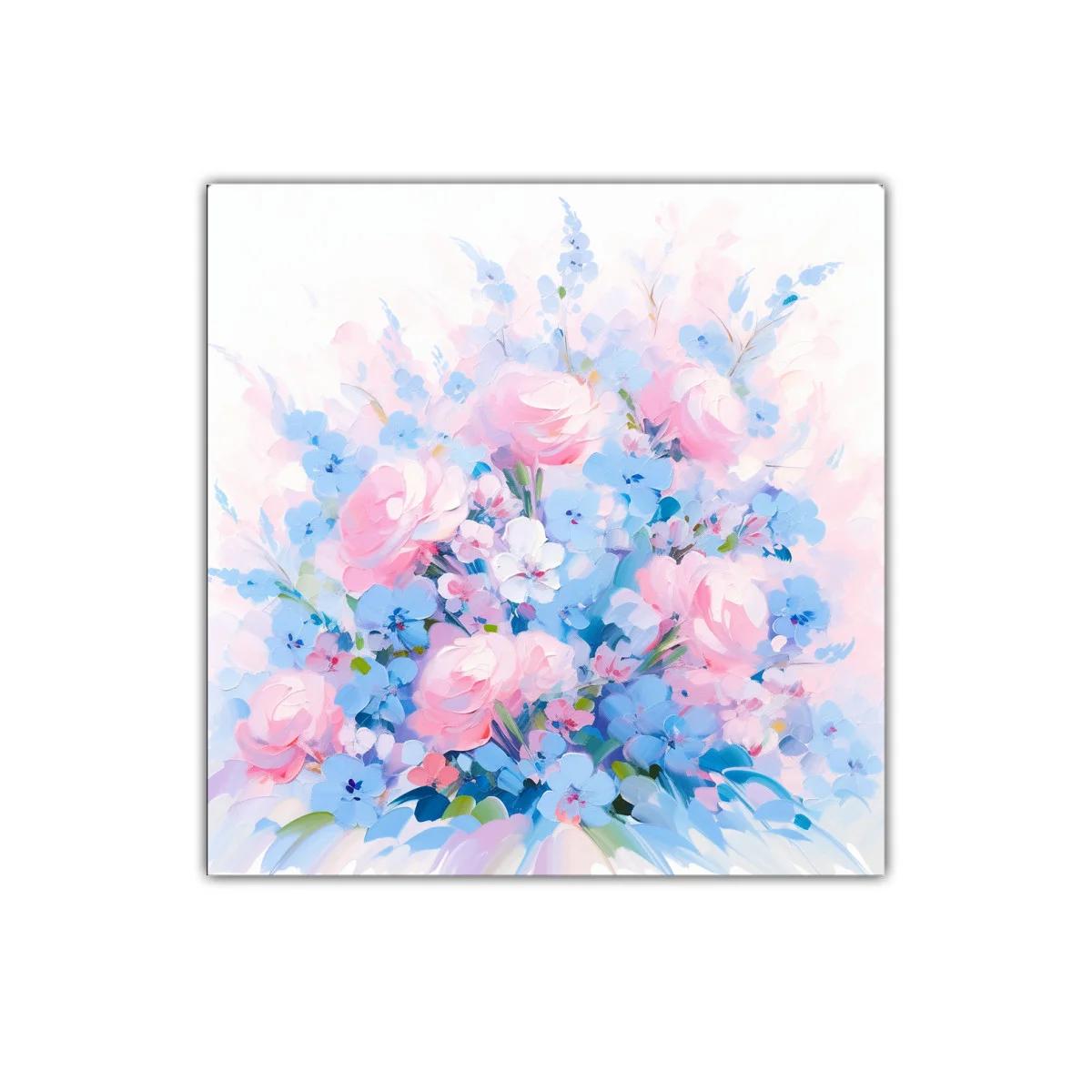 Cuadro decorativo con ramo floral en tonos pastel azules y rosas