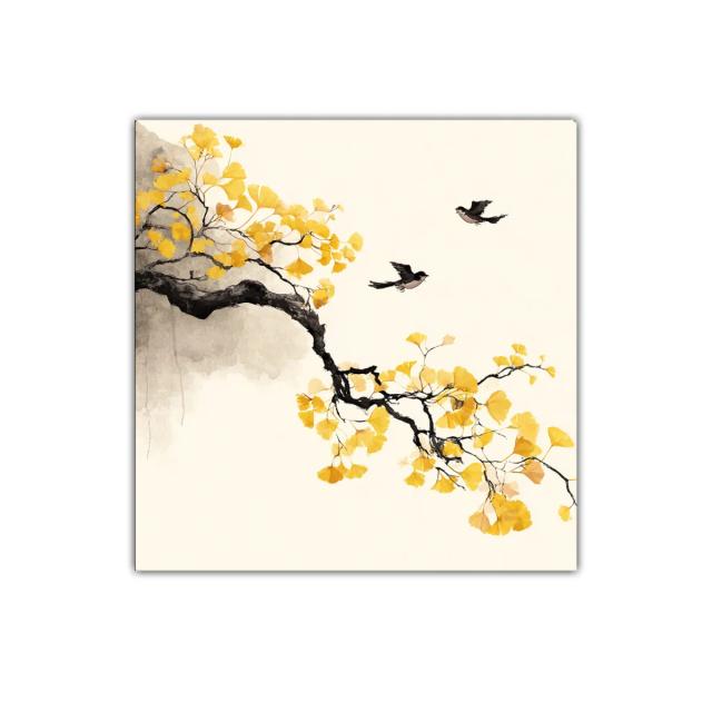 Rama dorada con aves volando en estilo oriental elegante