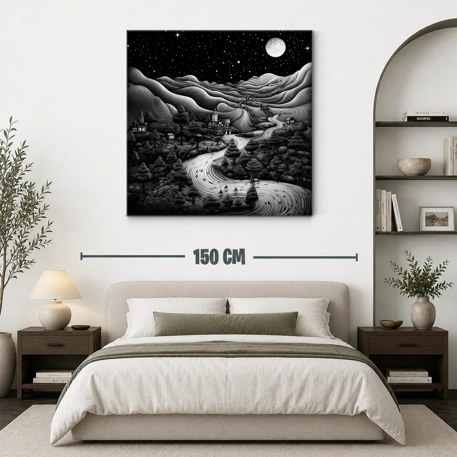 Paisaje nocturno con río serpenteante y luna llena brillante — miniatura 3