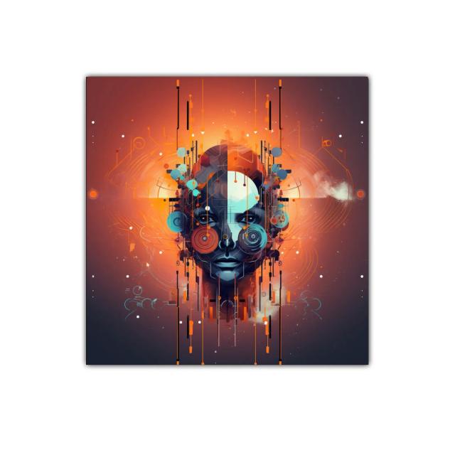 Rostro futurista con vibrantes tonalidades naranjas y azules