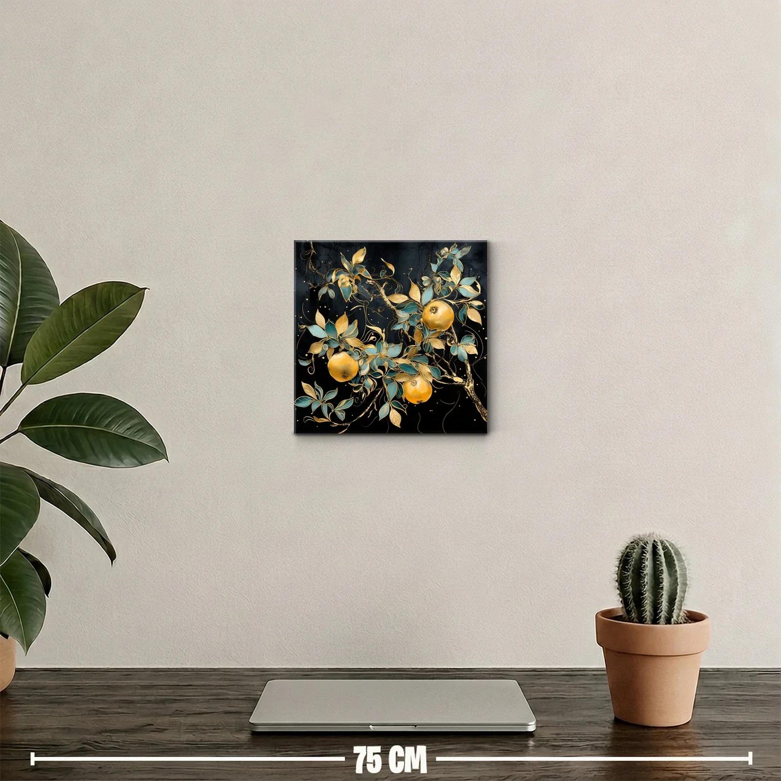 Cuadro decorativo con granadas y hojas doradas sobre fondo oscuro — miniatura 2