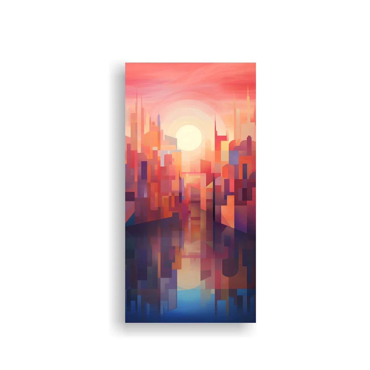 Cuadro skyline urbana abstracta al atardecer con sol brillante