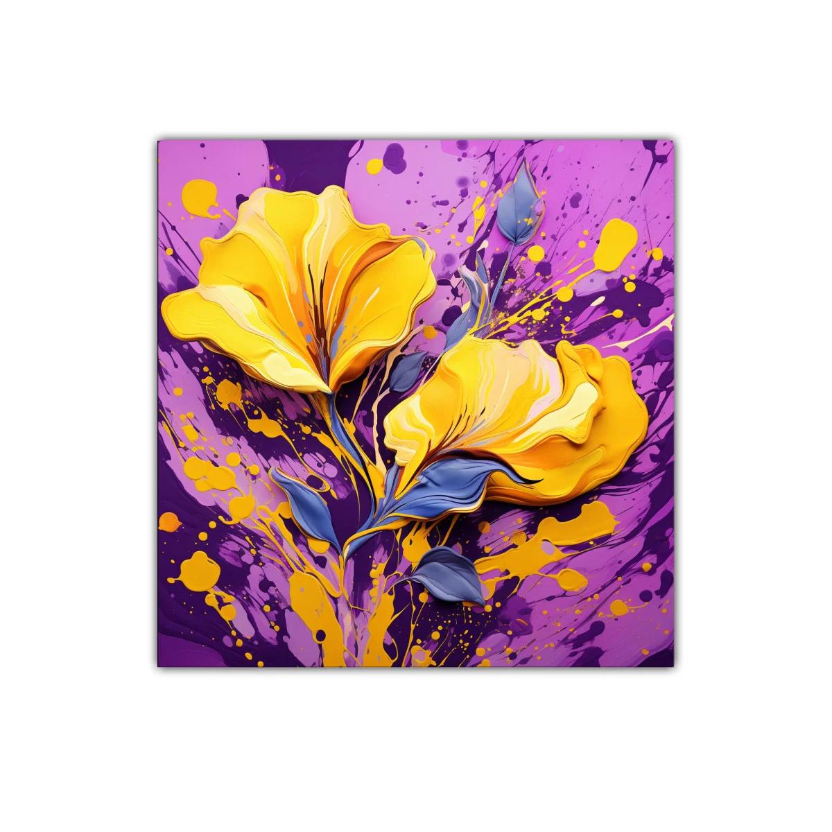 Cuadro vibrante con flores amarillas sobre fondo morado — imagen principal