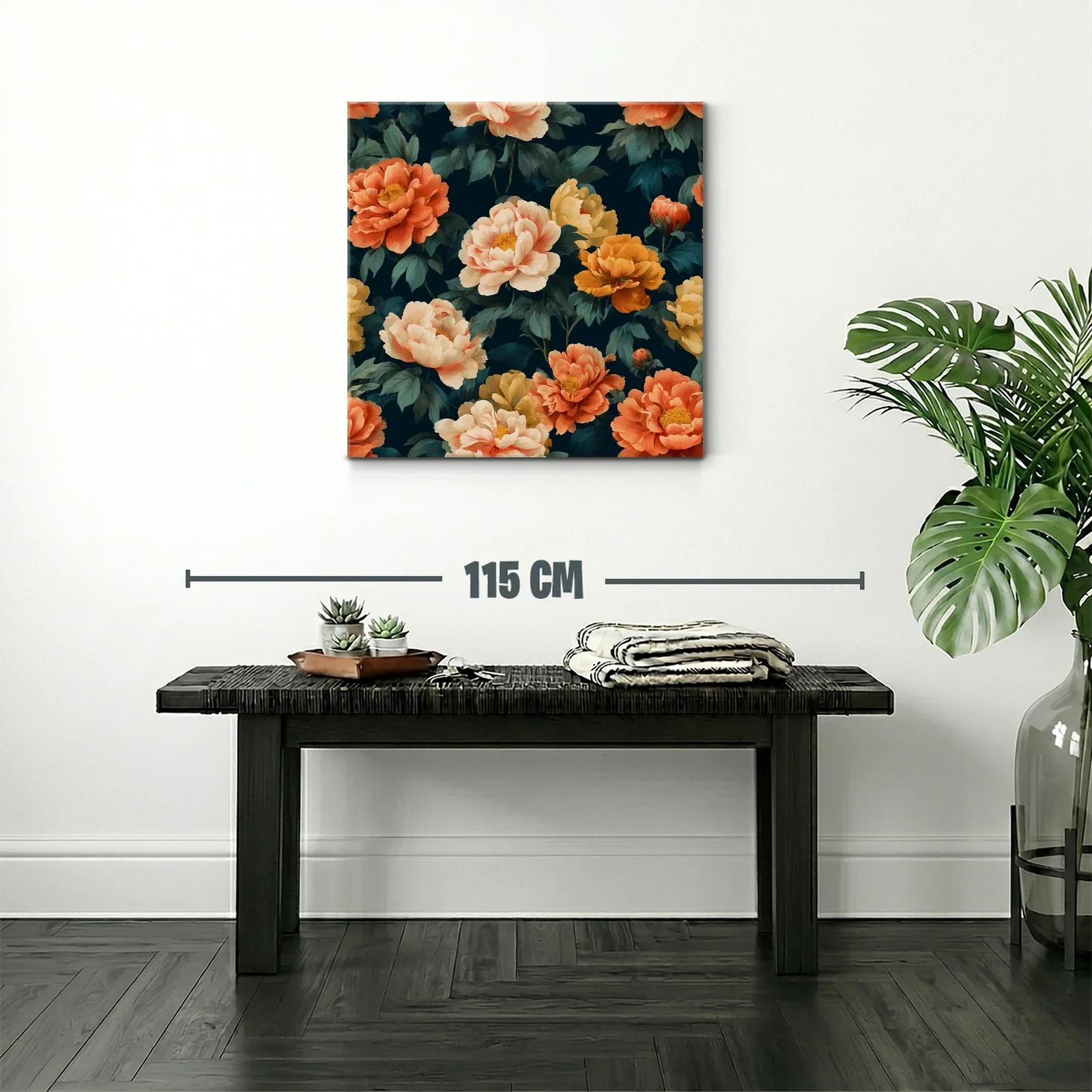 Cuadro floral con peonías en tonos cálidos y fondo oscuro — miniatura 2