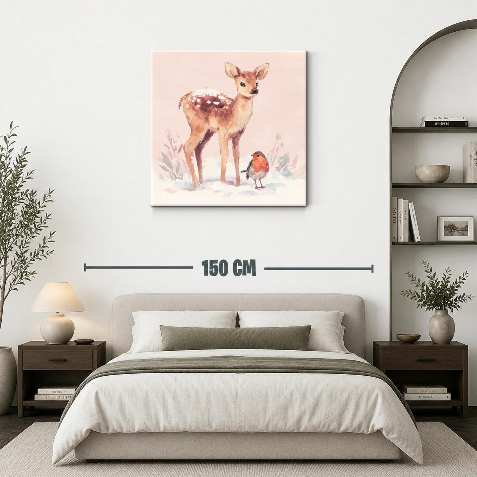 Dulce escena invernal con cervatillo y petirrojo — miniatura 3