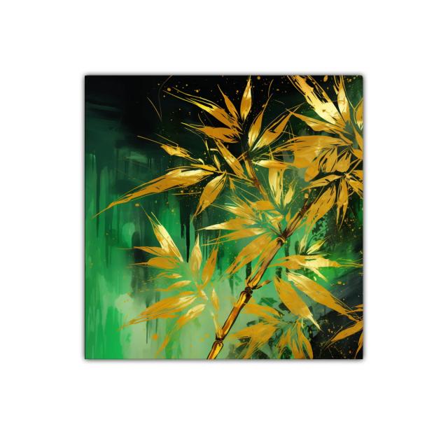 Cuadro decorativo con ramas doradas sobre fondo verde intenso