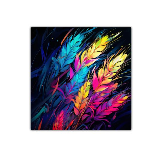 Cuadro abstracto con plumas de colores vibrantes