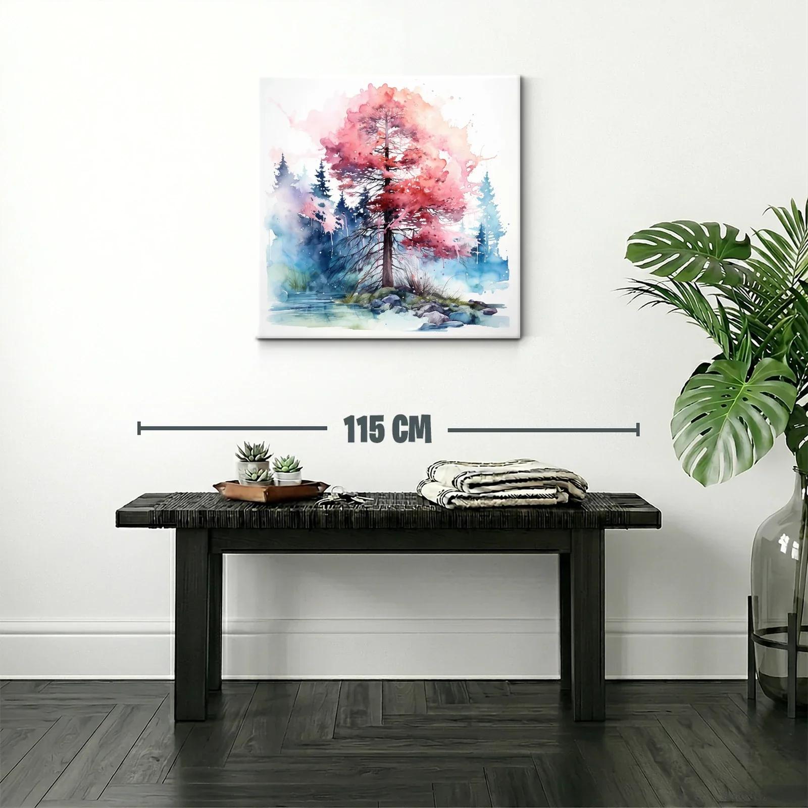 Árbol en otoño con hojas rosas y fondo de bosque azul — miniatura 2