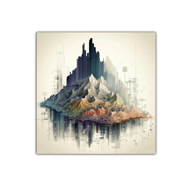 Paisaje montañoso con tonos cálidos y arquitectura abstracta