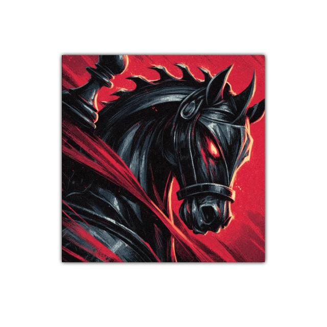 Caballo negro con ojos ardientes en fondo rojo vibrante