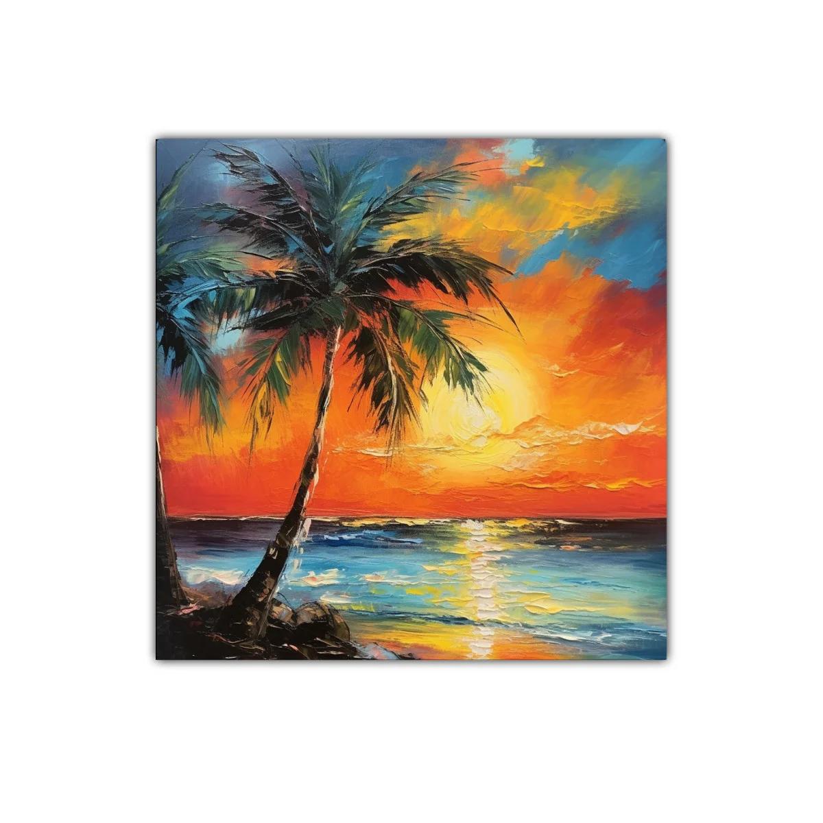 Atardecer tropical con palmeras y mar vibrante