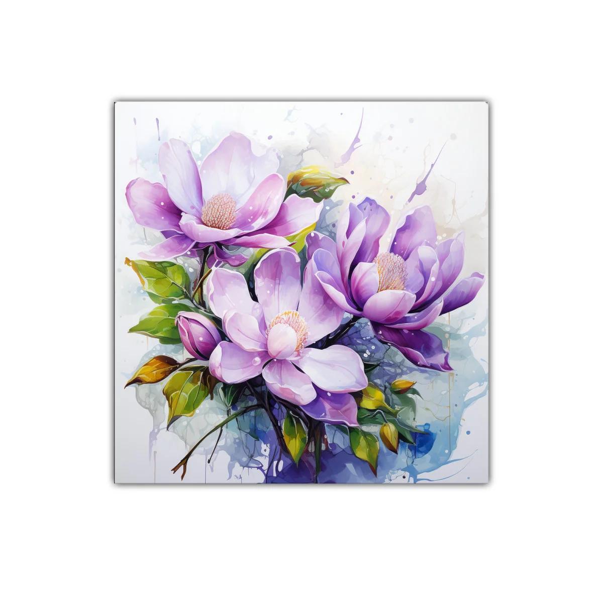 Cuadro decorativo con flores en tonos lilas y verdes vibrantes