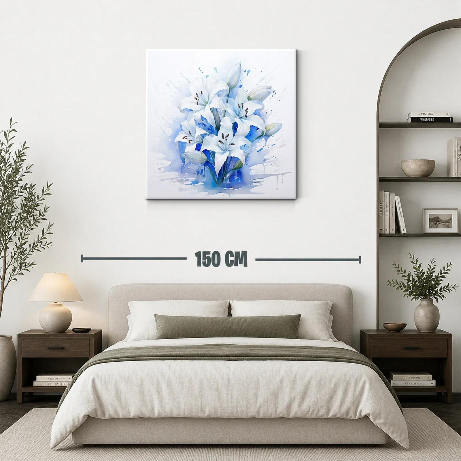 Cuadro floral con lirios blancos sobre fondo azul — miniatura 3