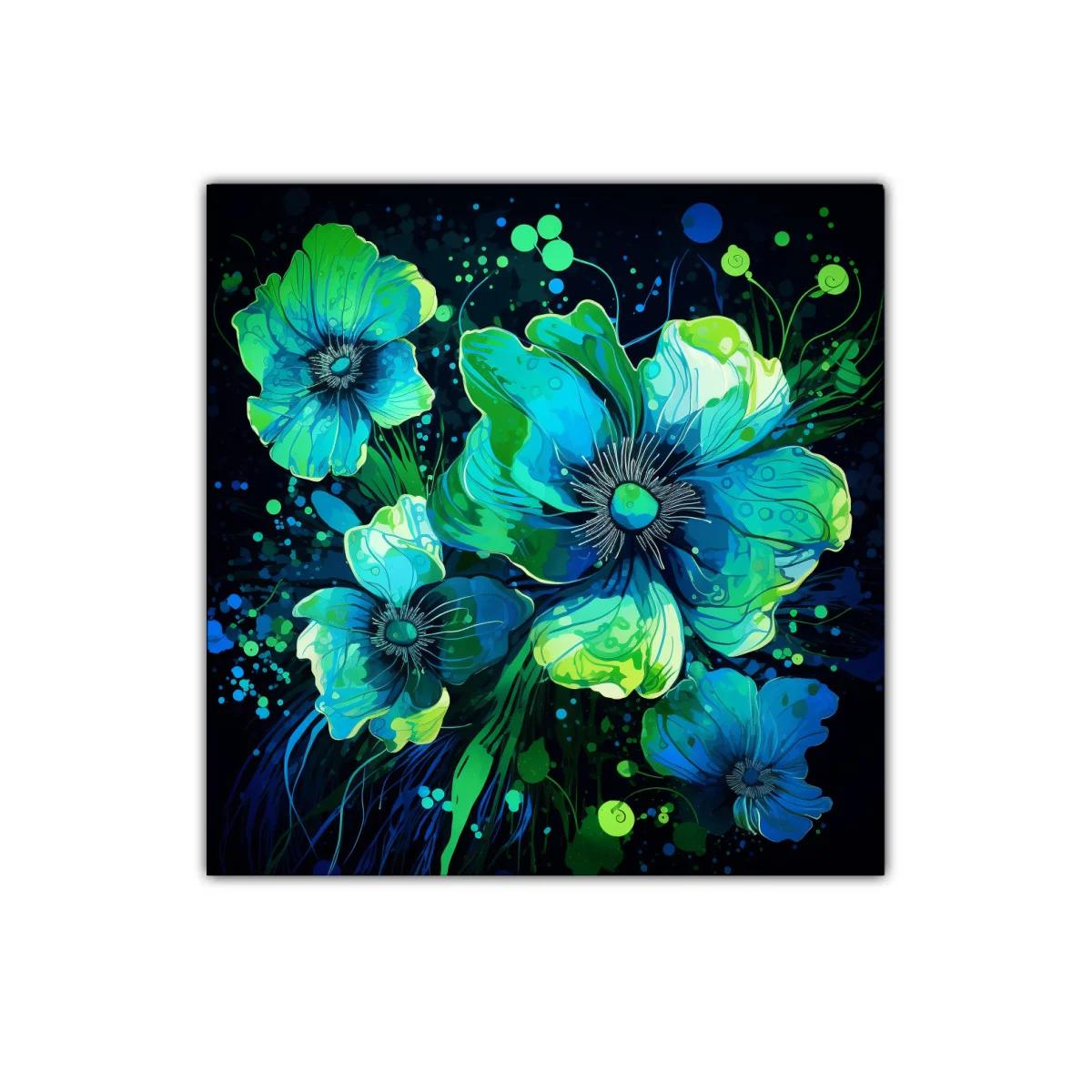 Flores vibrantes en tonos azules y verdes intensos