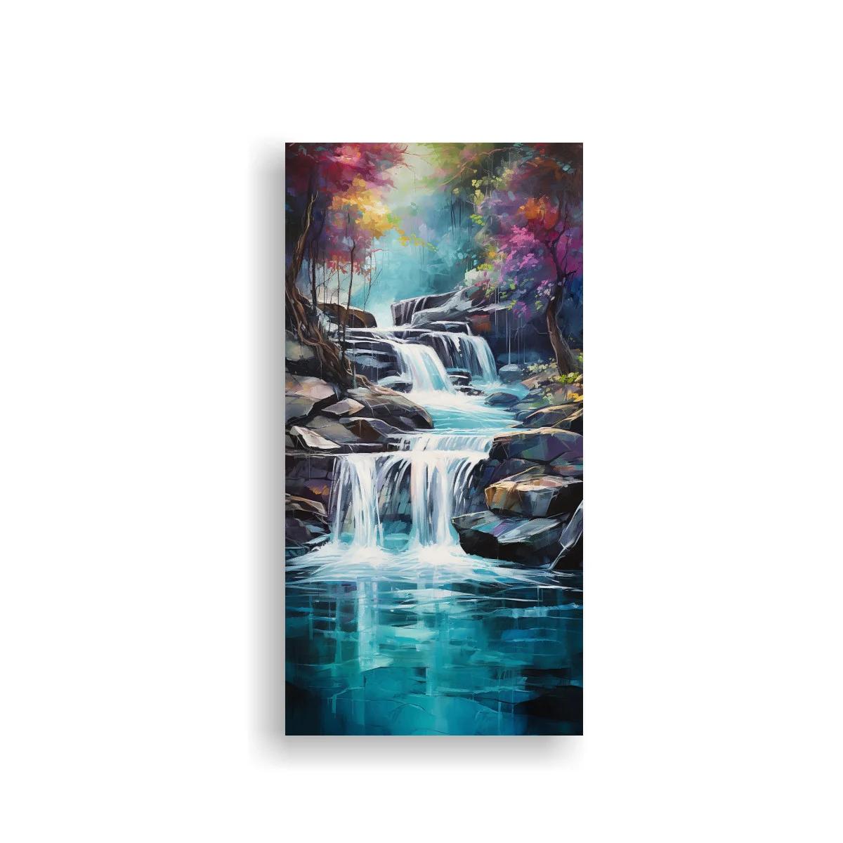 Cuadro cascada escalonada con agua turquesa y follaje rosado
