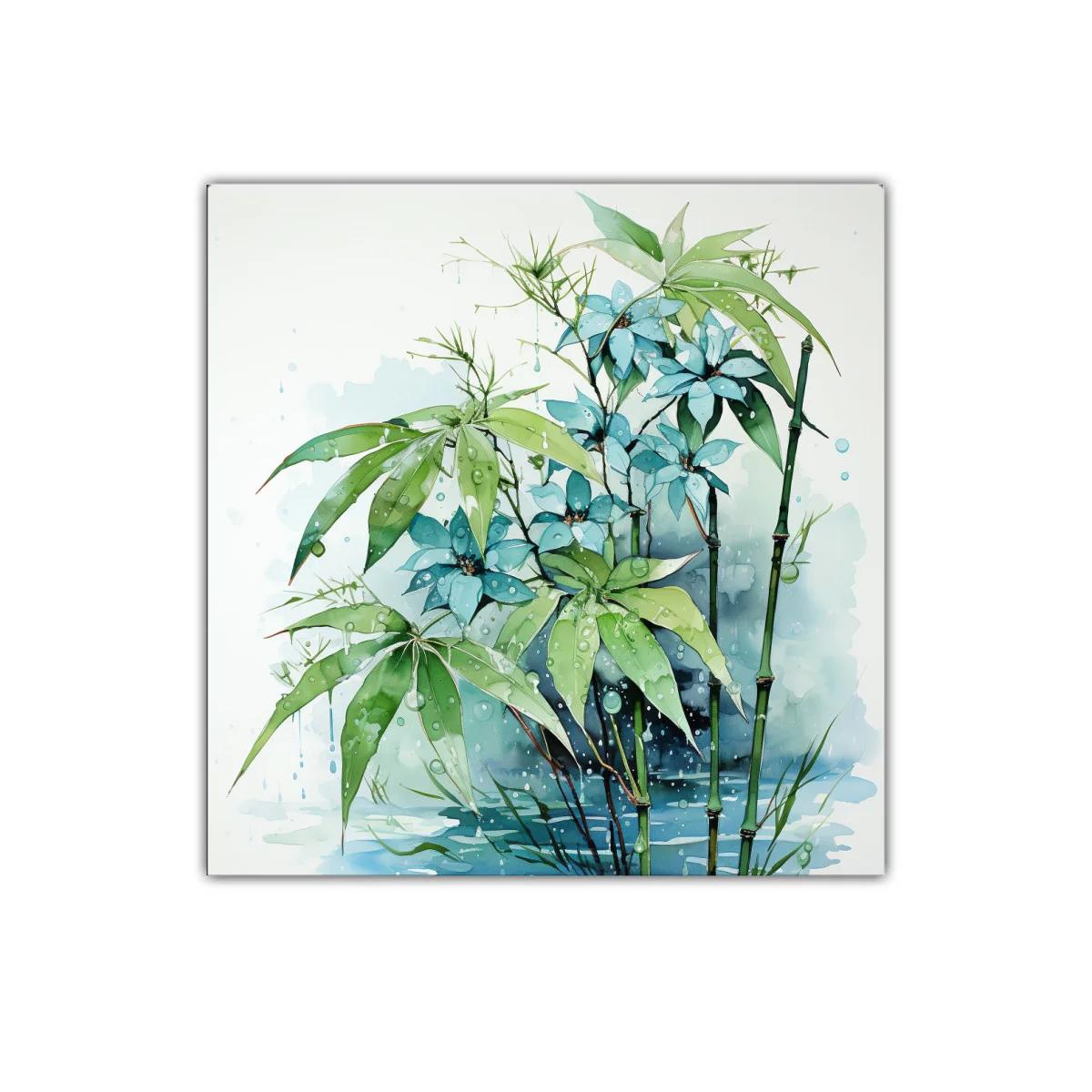 Cuadro con flores azules y hojas verdes en ambiente húmedo