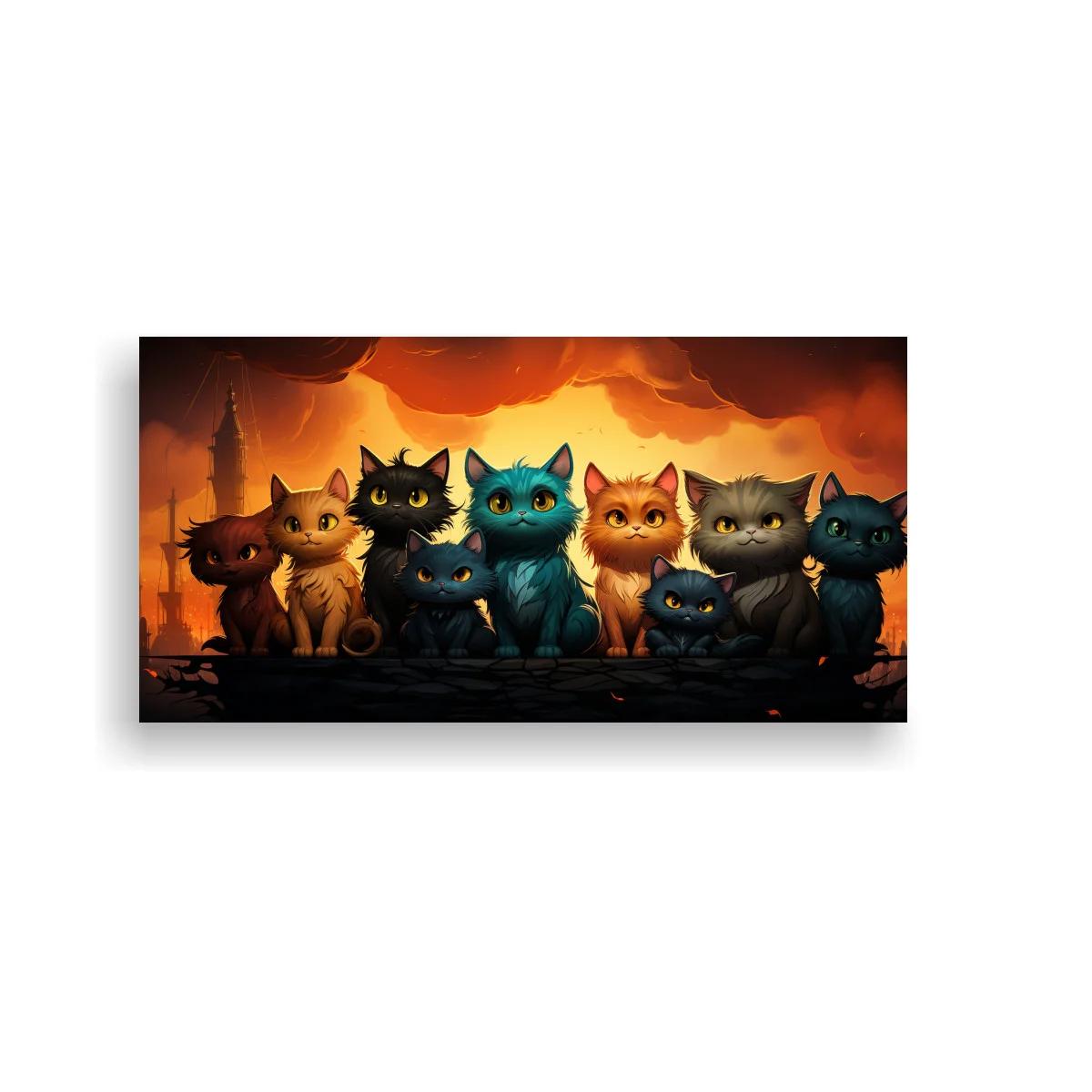 Cuadro grupo de gatos con cielo encendido