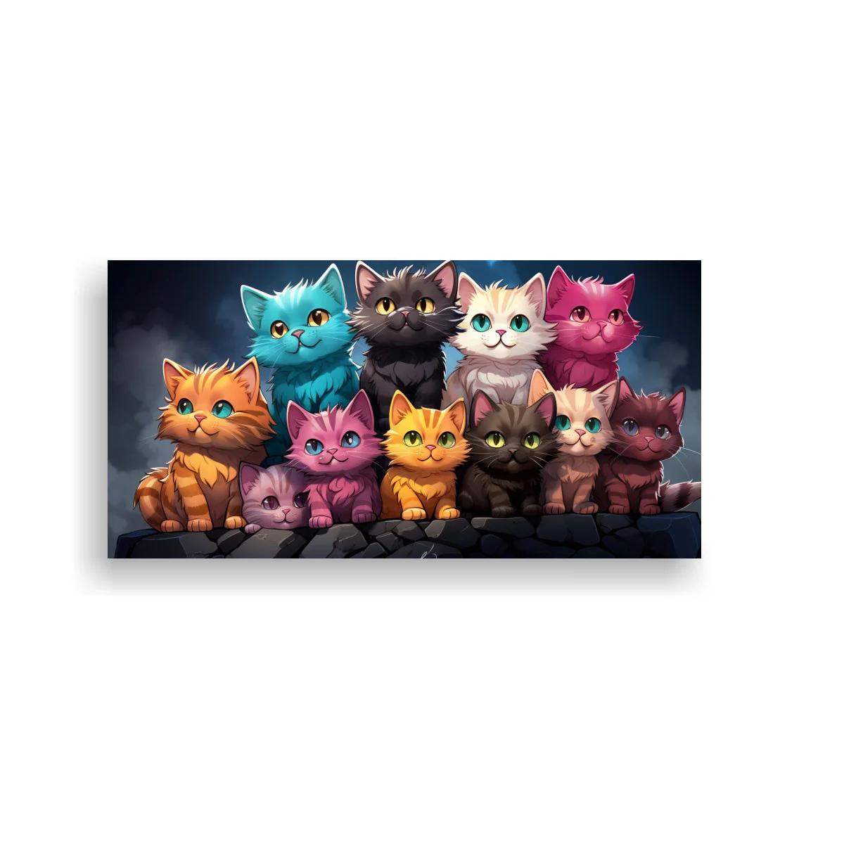 Cuadro grupo de gatos de colores sobre muro de piedra
