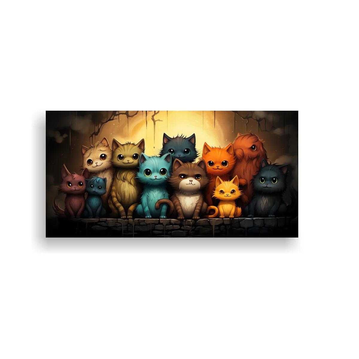 Cuadro grupo de gatos de ojos grandes con muro de piedra