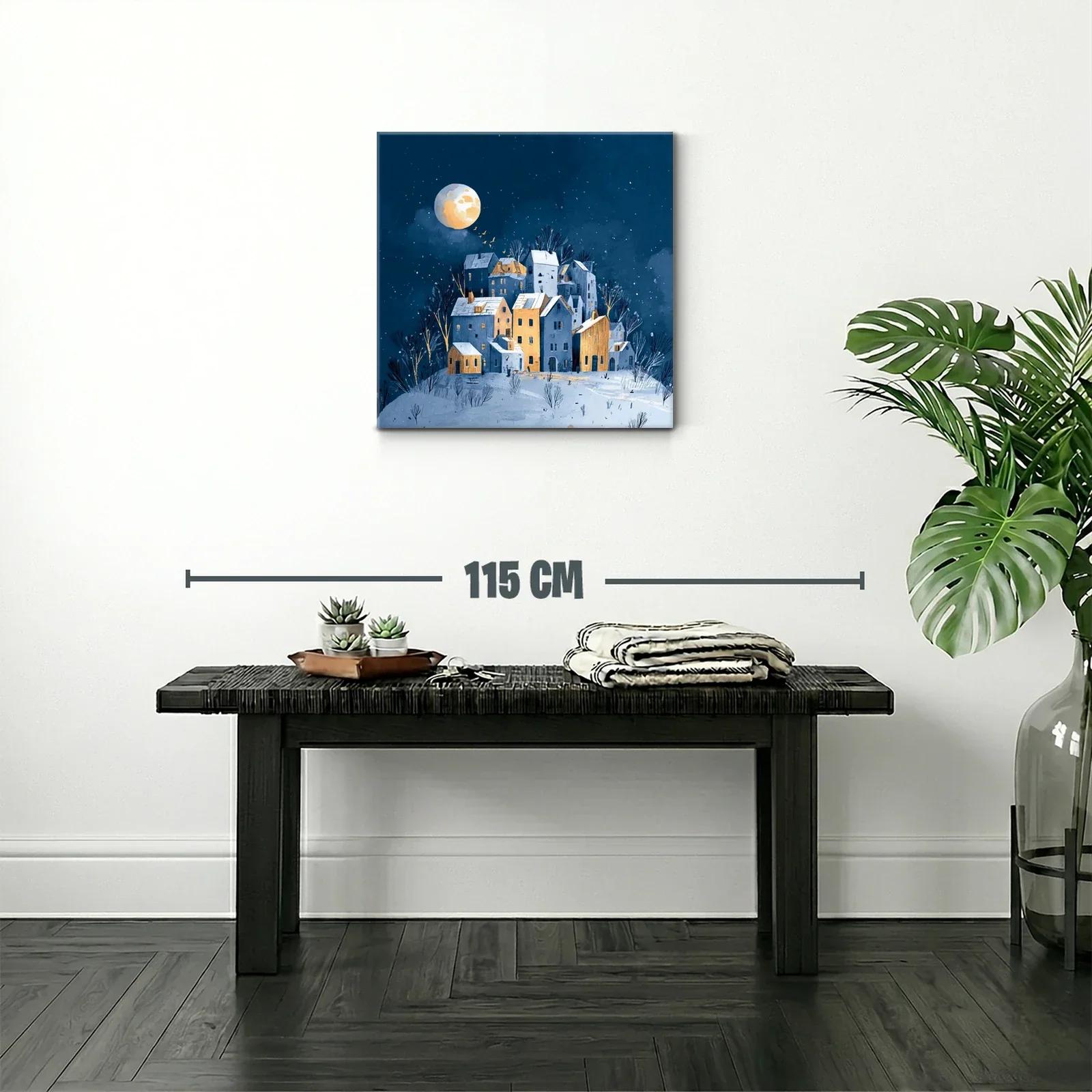 Paisaje nocturno con casas iluminadas y luna llena — miniatura 2
