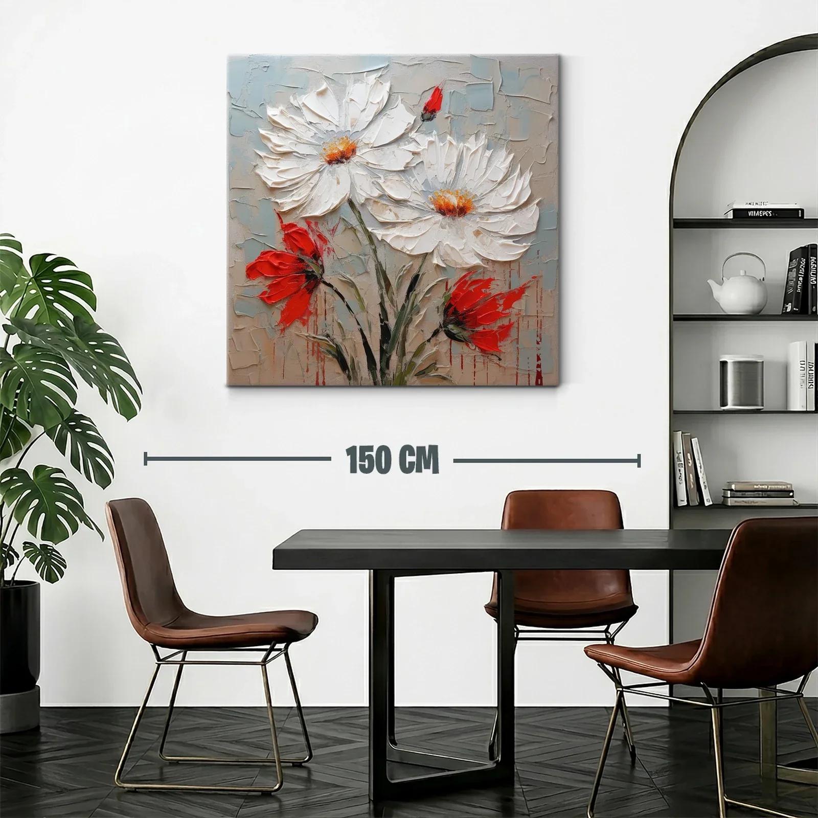 Cuadro floral en relieve con margaritas blancas y acentos rojos — miniatura 2