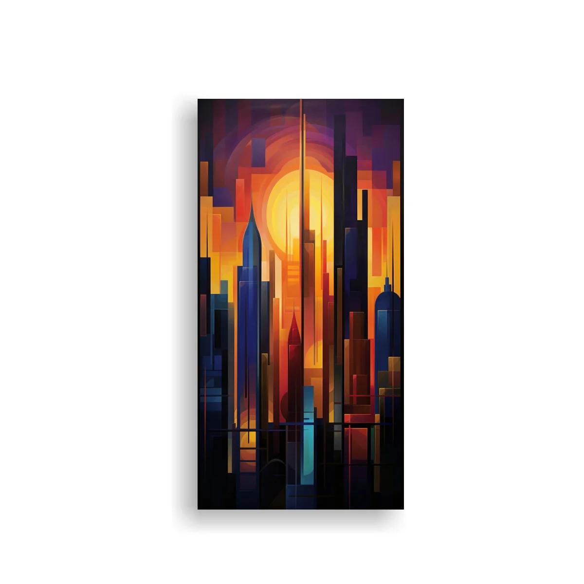 Cuadro skyline urbano al atardecer con sol brillante