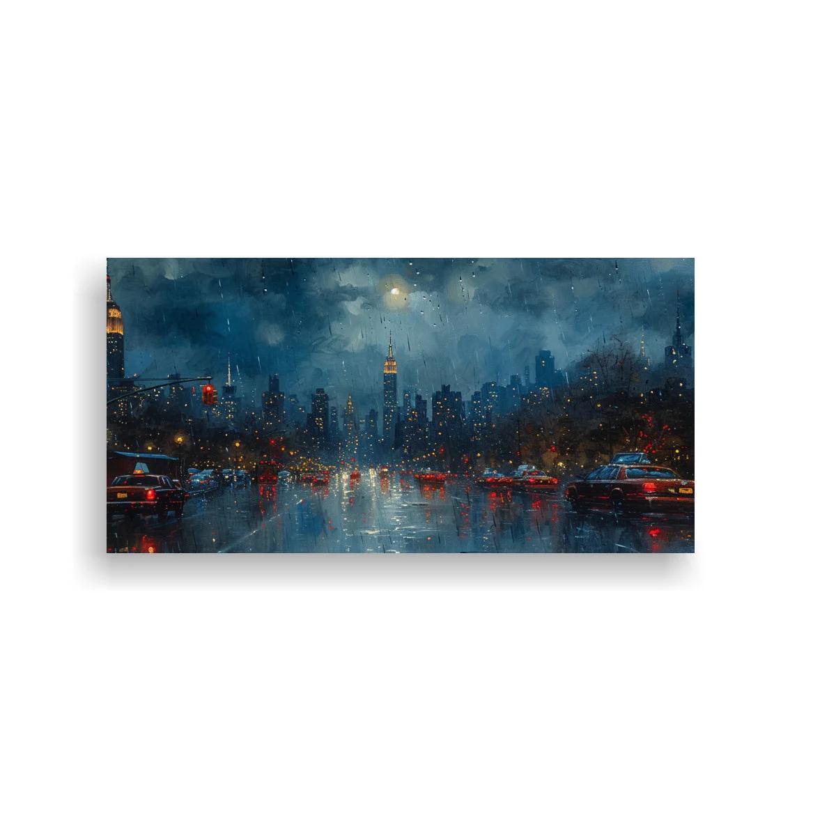 Cuadro skyline urbano nocturno con charcos y tráfico