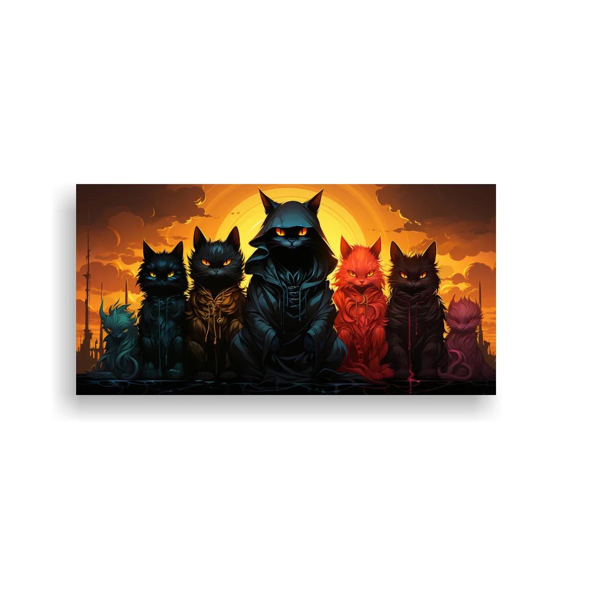 Cuadro grupo de gatos con ojos brillantes y atardecer dorado