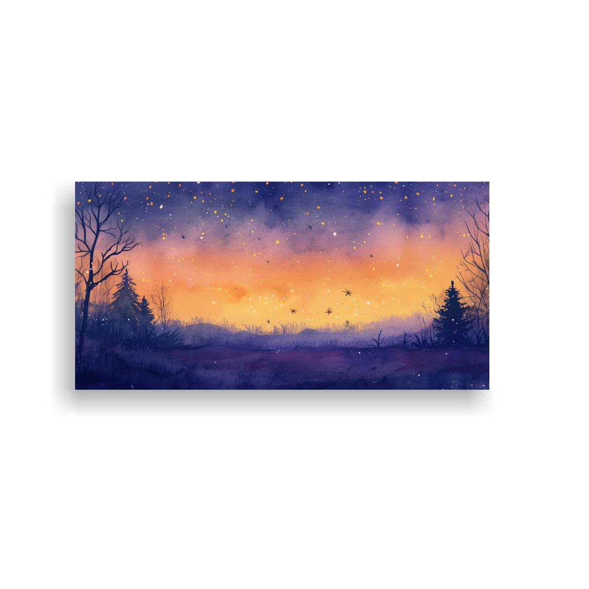 Cuadro paisaje de bosque al atardecer con aves volando — imagen principal