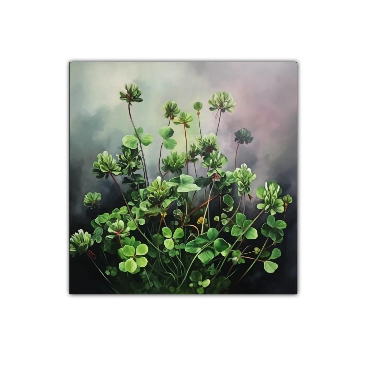 Cuadro decorativo con tréboles verdes y fondo neutro