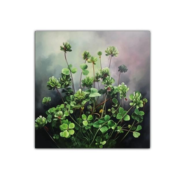 Cuadro decorativo con tréboles verdes y fondo neutro