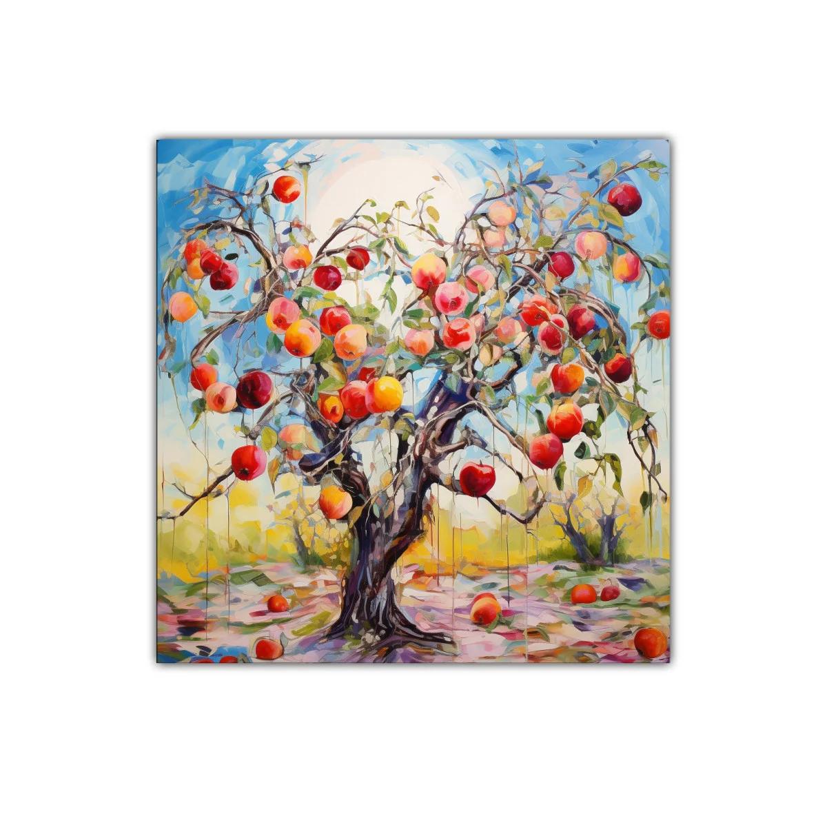Árbol frutal lleno de manzanas en paisaje colorido