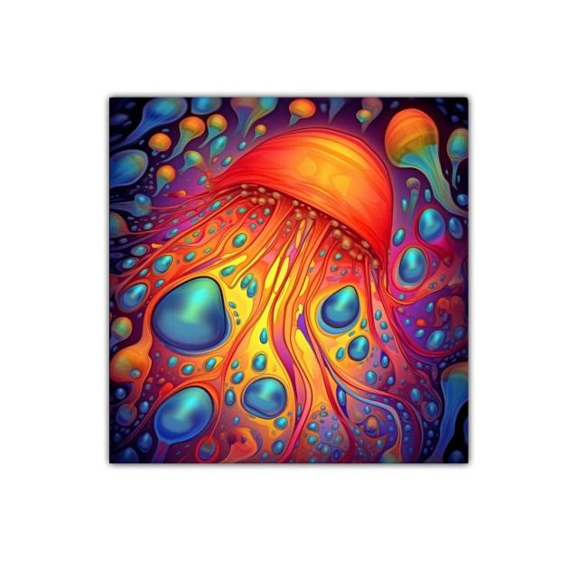 Cuadro vibrante con medusa en tonos cálidos y azules