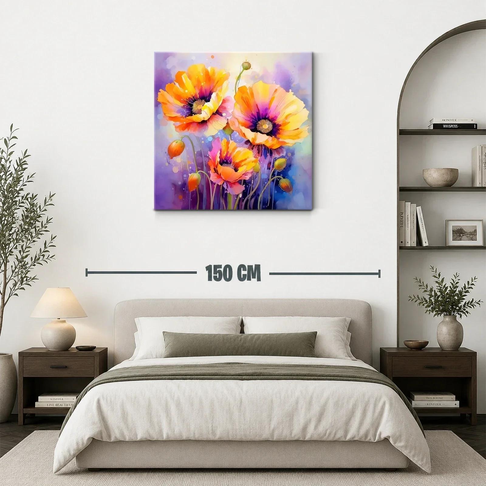Cuadro vibrante con amapolas en tonos cálidos y fondo liláceo — miniatura 3