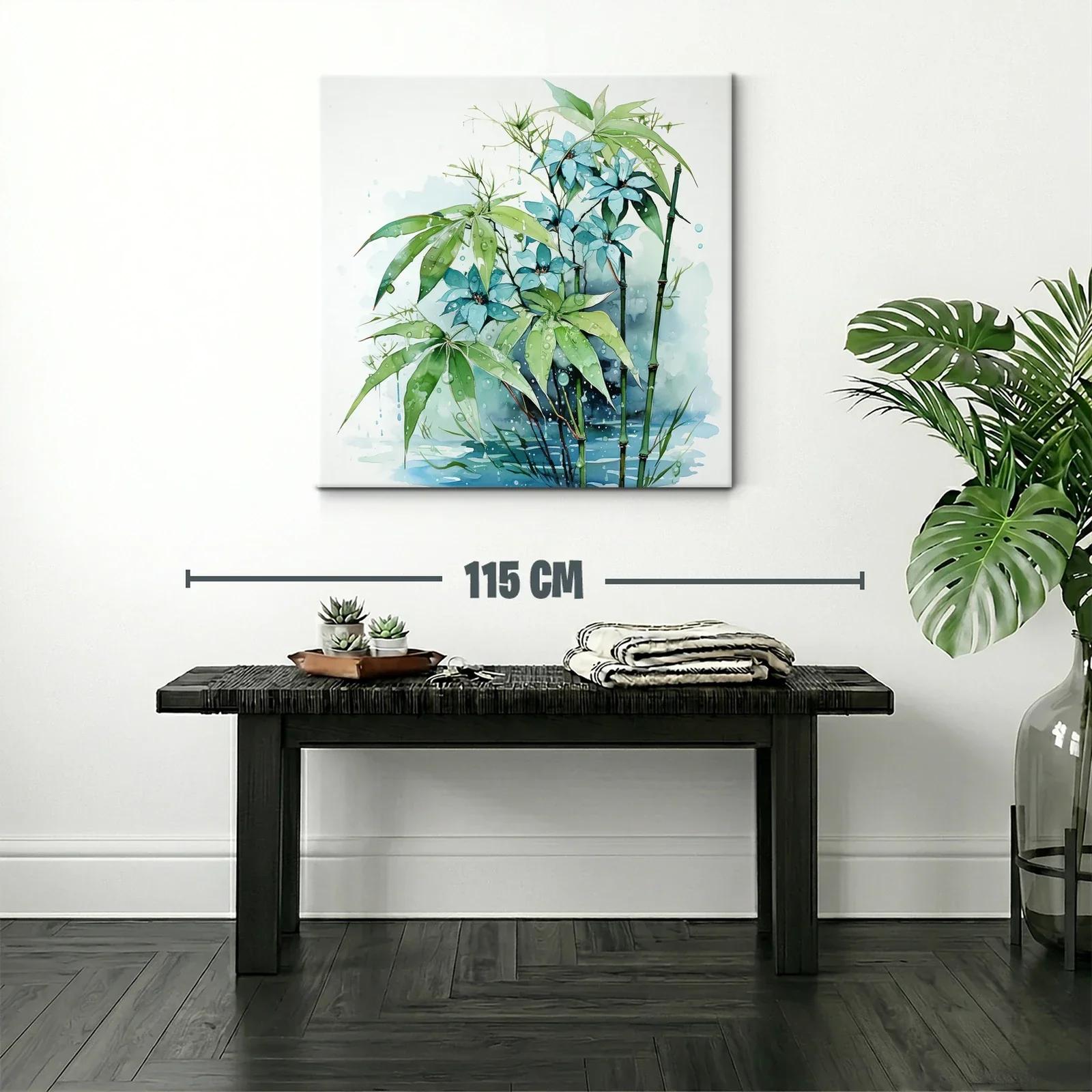 Cuadro con flores azules y hojas verdes en ambiente húmedo — miniatura 2