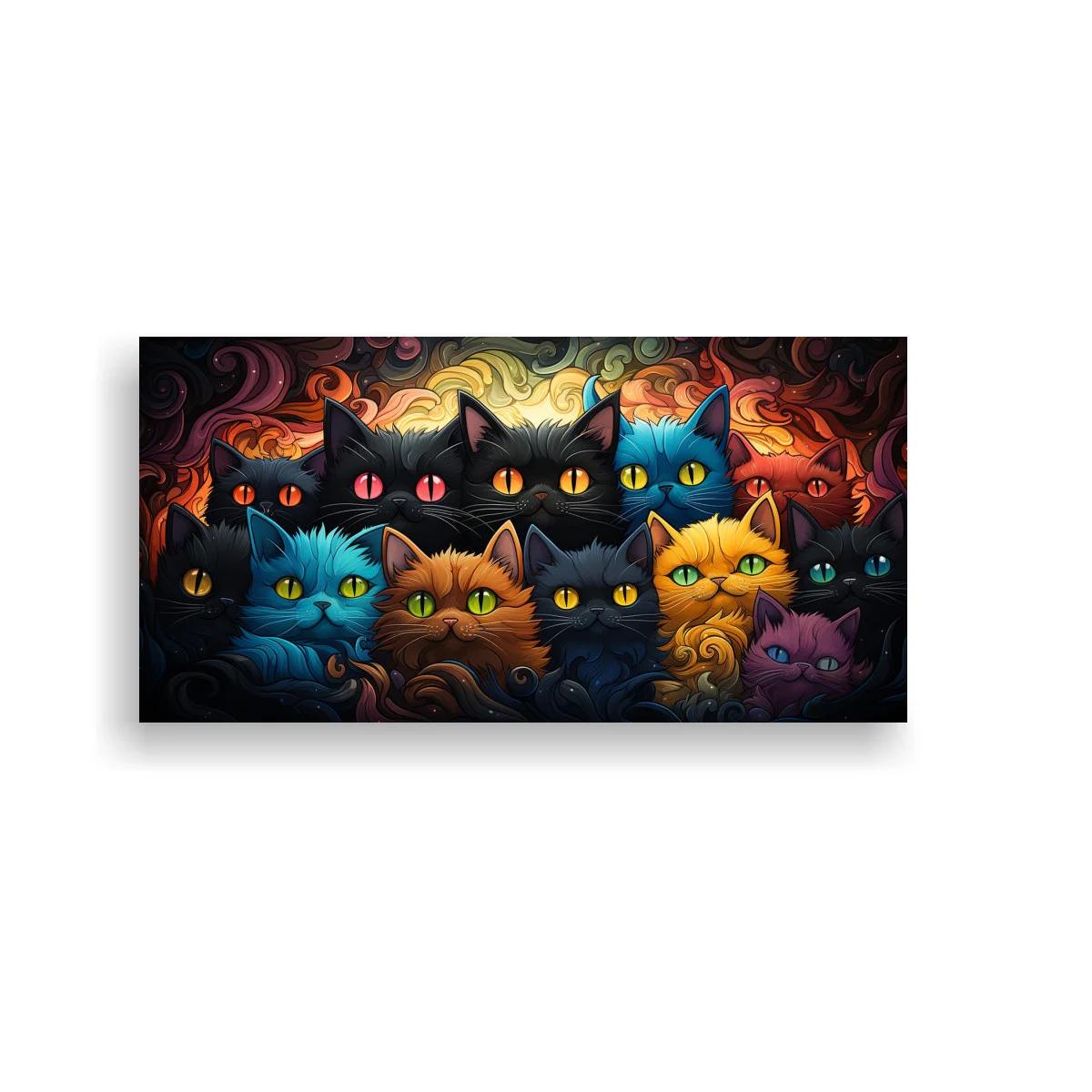 Cuadro grupo de gatos de colores con ojos brillantes y remolinos