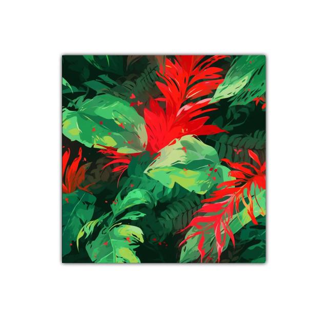 Vibrante cuadro con hojas y flores tropicales rojas y verdes