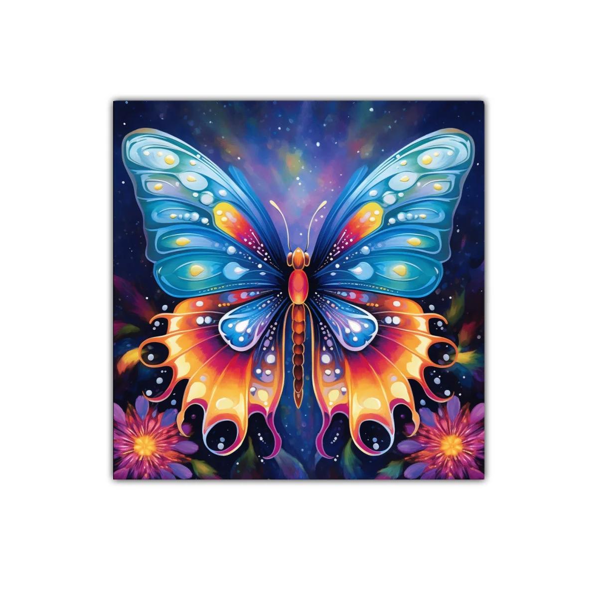 Mariposa vibrante entre flores con fondo estrellado — imagen principal