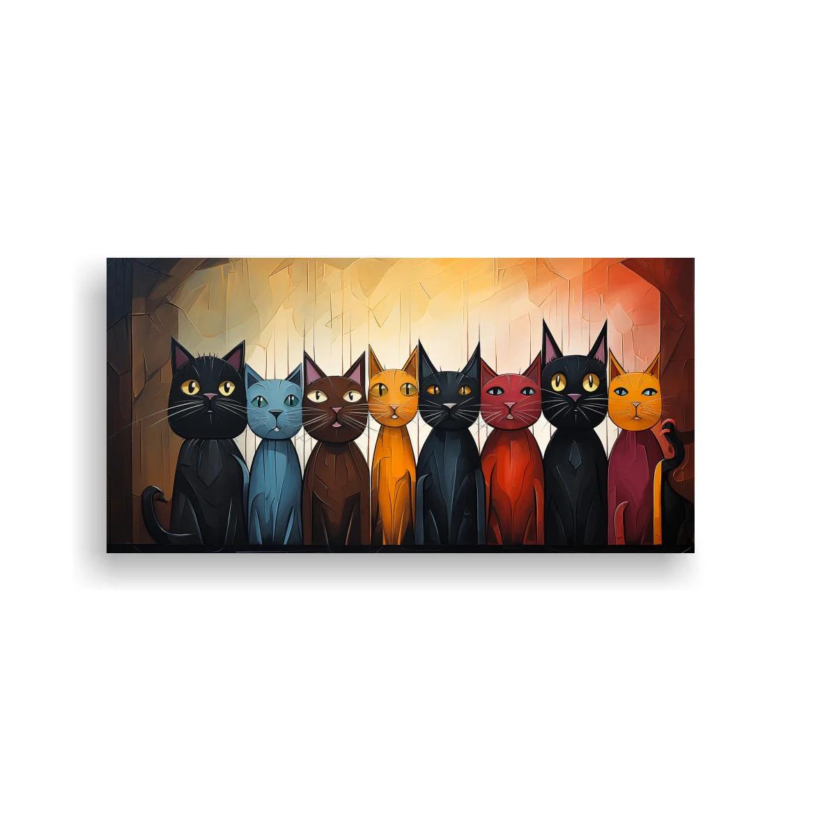 Cuadro gatos sentados en fila horizontal con fondo geométrico facetado
