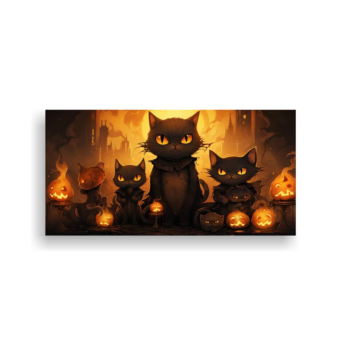 Cuadro gatos negros con calabazas iluminadas