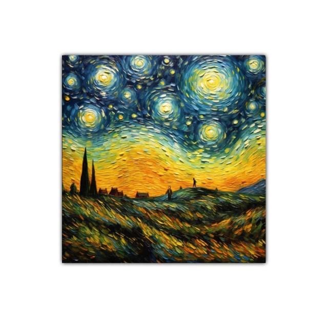 Cielo estrellado con paisaje y figuras en colores vibrantes