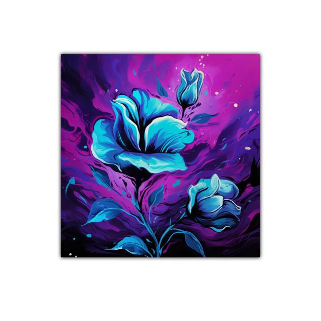 Flores azules vibrantes sobre fondo púrpura dinámico